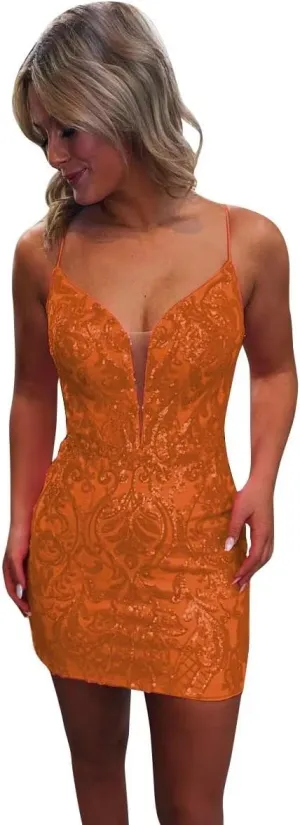 Sequin Lace Tight Homecoming Dresses Sparkly for Teens Spaghetti Straps V Neck Short Prom Dress Mini Cocktail Gown