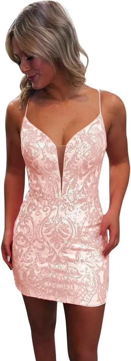 Sequin Lace Tight Homecoming Dresses Sparkly for Teens Spaghetti Straps V Neck Short Prom Dress Mini Cocktail Gown