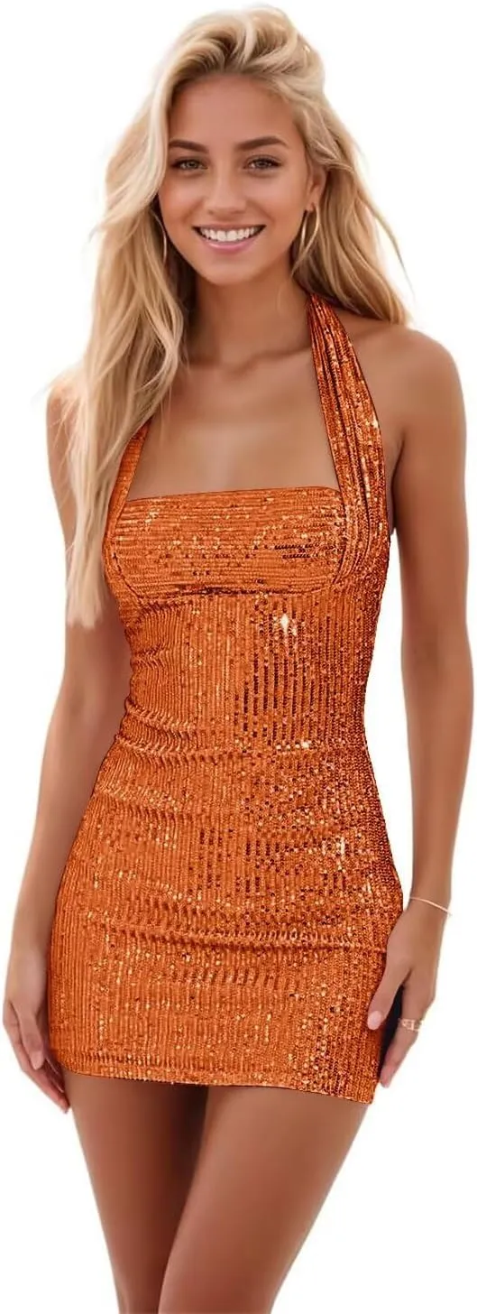 Sequin Sparkly Homecoming Dresses Short for Teens 2025 Halter Open Back Mini Tight Prom Cocktail Party Dress