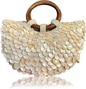 Shell Beaded Purse Handmade Sequin Clutch Bag for Women Luxury Top Handle Purse Beach Evening Handbag for Summer Vacation