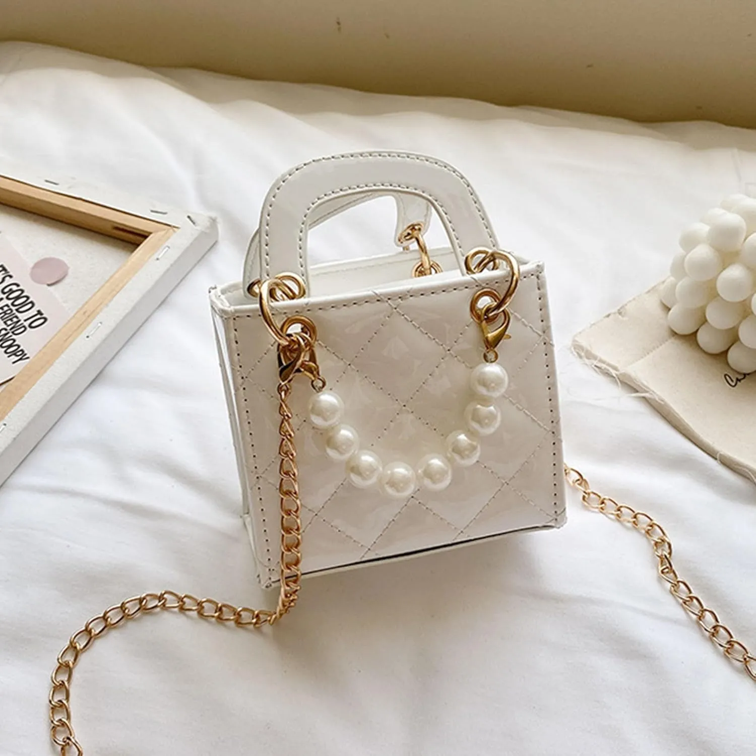 Shiny Patent Kids Little Girls Crossbody Purse Toddler Gifts Mini Top Handle Handbag Satchel Shoulder Pearl Bag Kids Presents