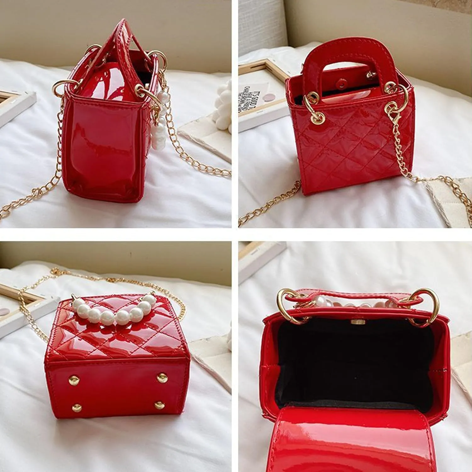 Shiny Patent Kids Little Girls Crossbody Purse Toddler Gifts Mini Top Handle Handbag Satchel Shoulder Pearl Bag Kids Presents