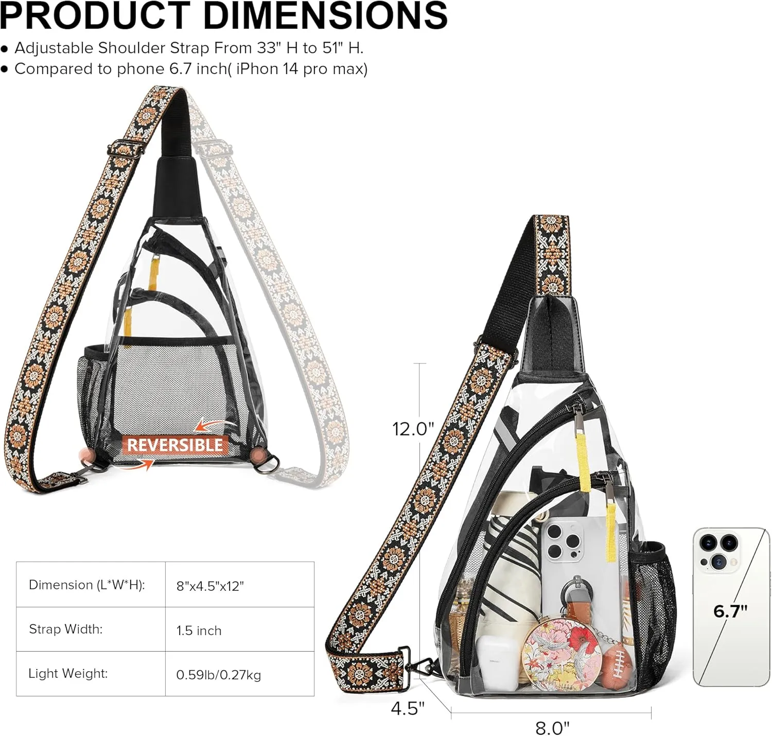 Shrrie Clear Bag for Stadium Events Transparent Crossbody Bag Clear Purse for Women&Men-Stadium Approved, Concerts&Sports