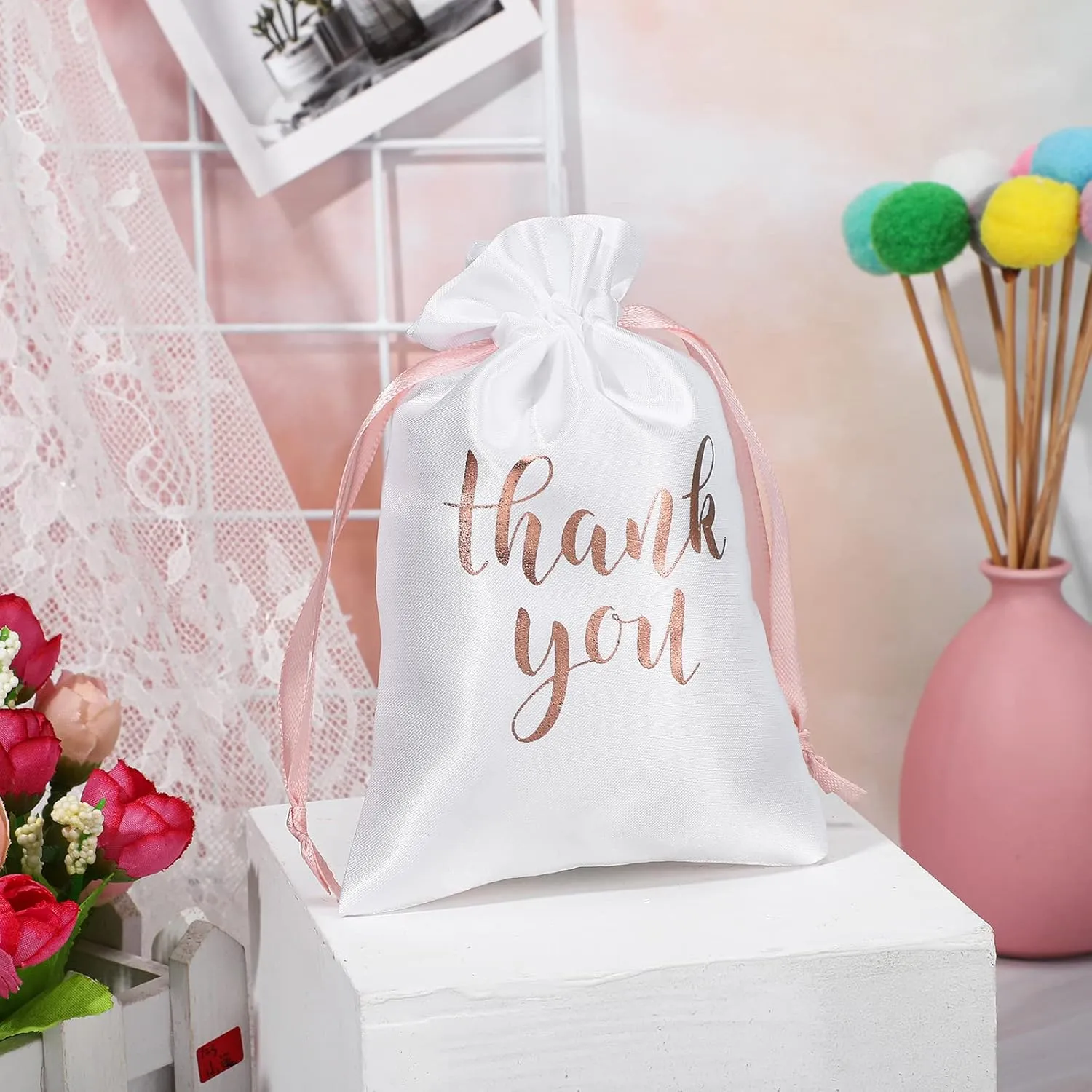 Sieral 50 Pcs Thank You Satin Gift Bags with Drawstring Jewelry Candy Bags for Wedding Bridal Shower Gift Wrap Bags for Birthday Party Anniversary Favor(White, Rose Gold,5 x 7 Inch)