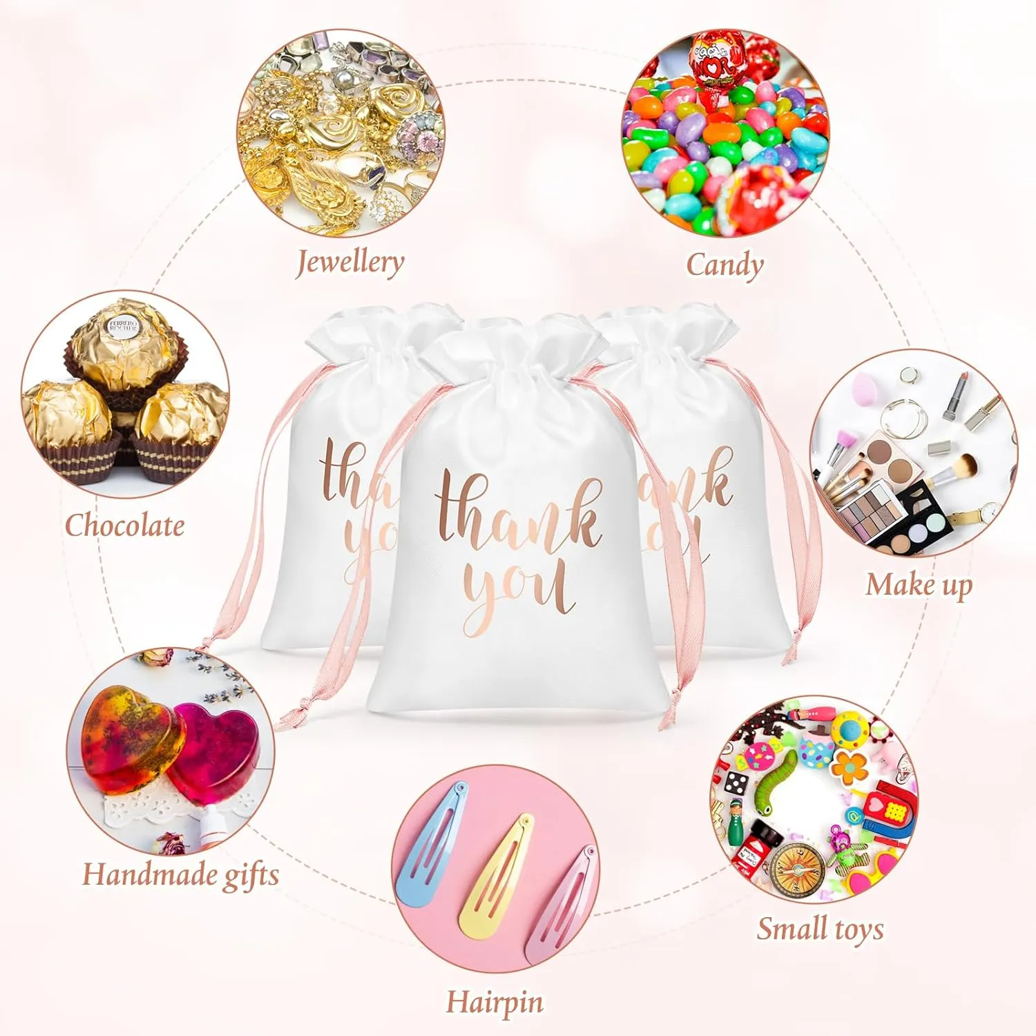 Sieral 50 Pcs Thank You Satin Gift Bags with Drawstring Jewelry Candy Bags for Wedding Bridal Shower Gift Wrap Bags for Birthday Party Anniversary Favor(White, Rose Gold,5 x 7 Inch)