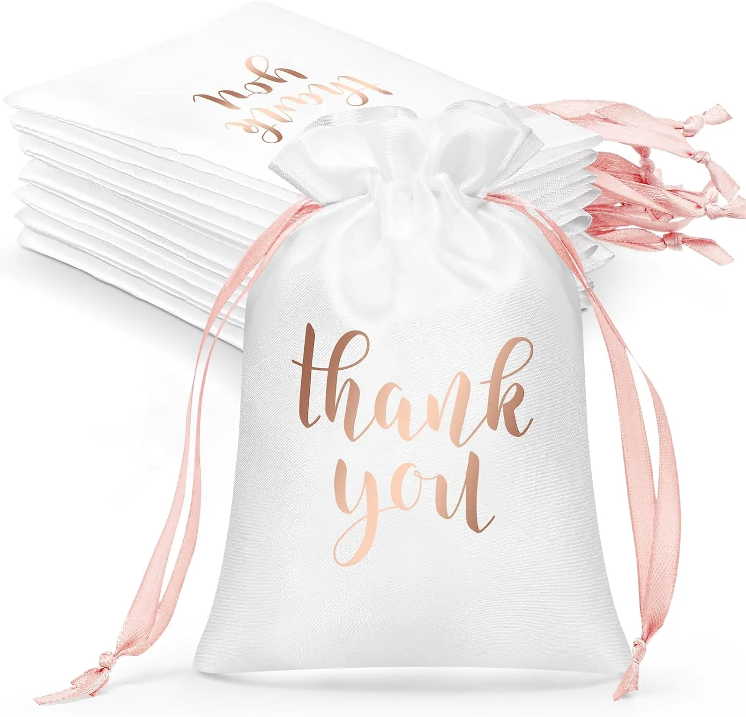 Sieral 50 Pcs Thank You Satin Gift Bags with Drawstring Jewelry Candy Bags for Wedding Bridal Shower Gift Wrap Bags for Birthday Party Anniversary Favor(White, Rose Gold,5 x 7 Inch)