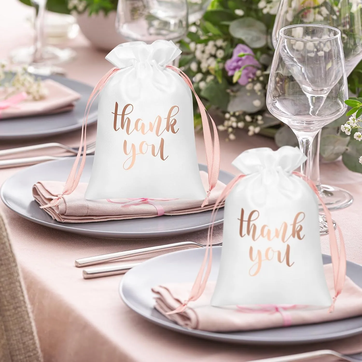 Sieral 50 Pcs Thank You Satin Gift Bags with Drawstring Jewelry Candy Bags for Wedding Bridal Shower Gift Wrap Bags for Birthday Party Anniversary Favor(White, Rose Gold,5 x 7 Inch)
