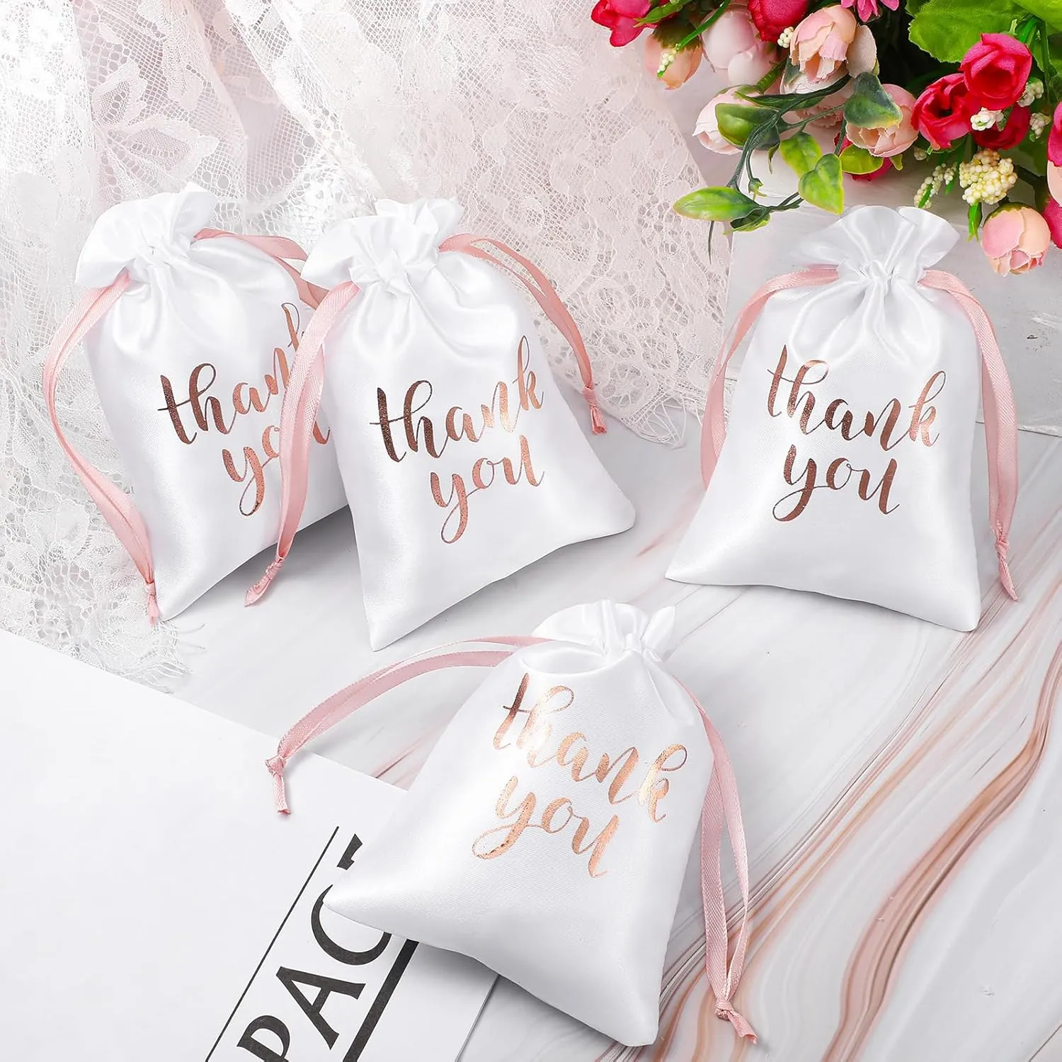 Sieral 50 Pcs Thank You Satin Gift Bags with Drawstring Jewelry Candy Bags for Wedding Bridal Shower Gift Wrap Bags for Birthday Party Anniversary Favor(White, Rose Gold,5 x 7 Inch)