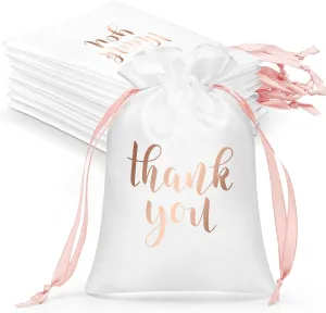Sieral 50 Pcs Thank You Satin Gift Bags with Drawstring Jewelry Candy Bags for Wedding Bridal Shower Gift Wrap Bags for Birthday Party Anniversary Favor(White, Rose Gold,5 x 7 Inch)