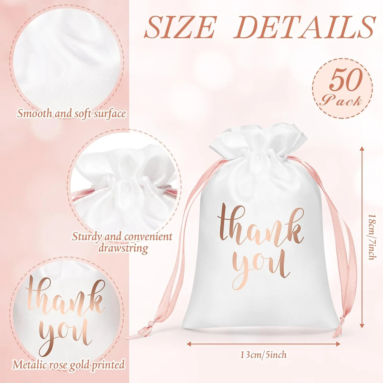 Sieral 50 Pcs Thank You Satin Gift Bags with Drawstring Jewelry Candy Bags for Wedding Bridal Shower Gift Wrap Bags for Birthday Party Anniversary Favor(White, Rose Gold,5 x 7 Inch)