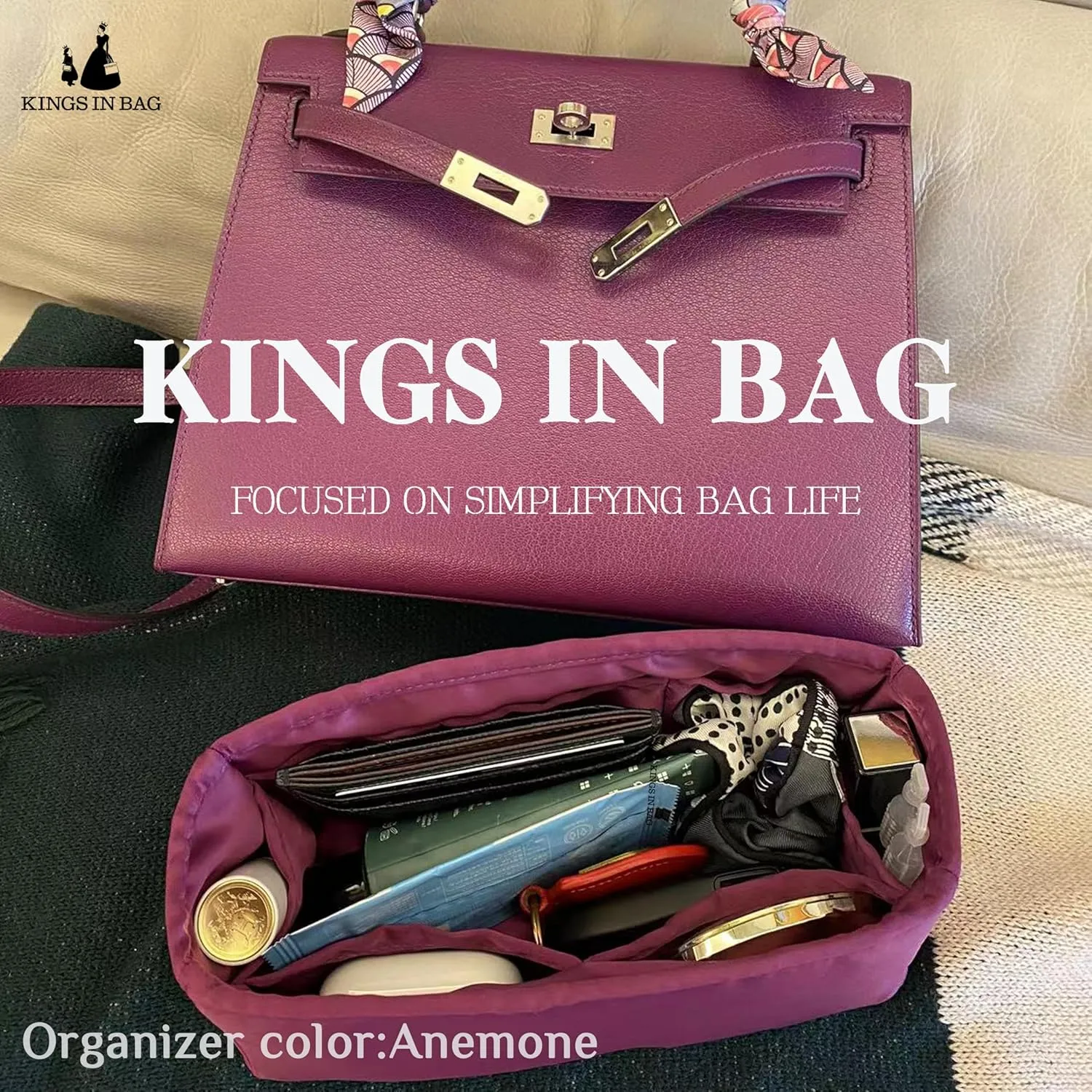 Silky Bag Insert for Kelly 25, Purse Organizer Compatible with Hermes Kelly, Lightweight Luxury Bag Shaper with Multiple Pockets for Daily Use (Anemone, KE 25)