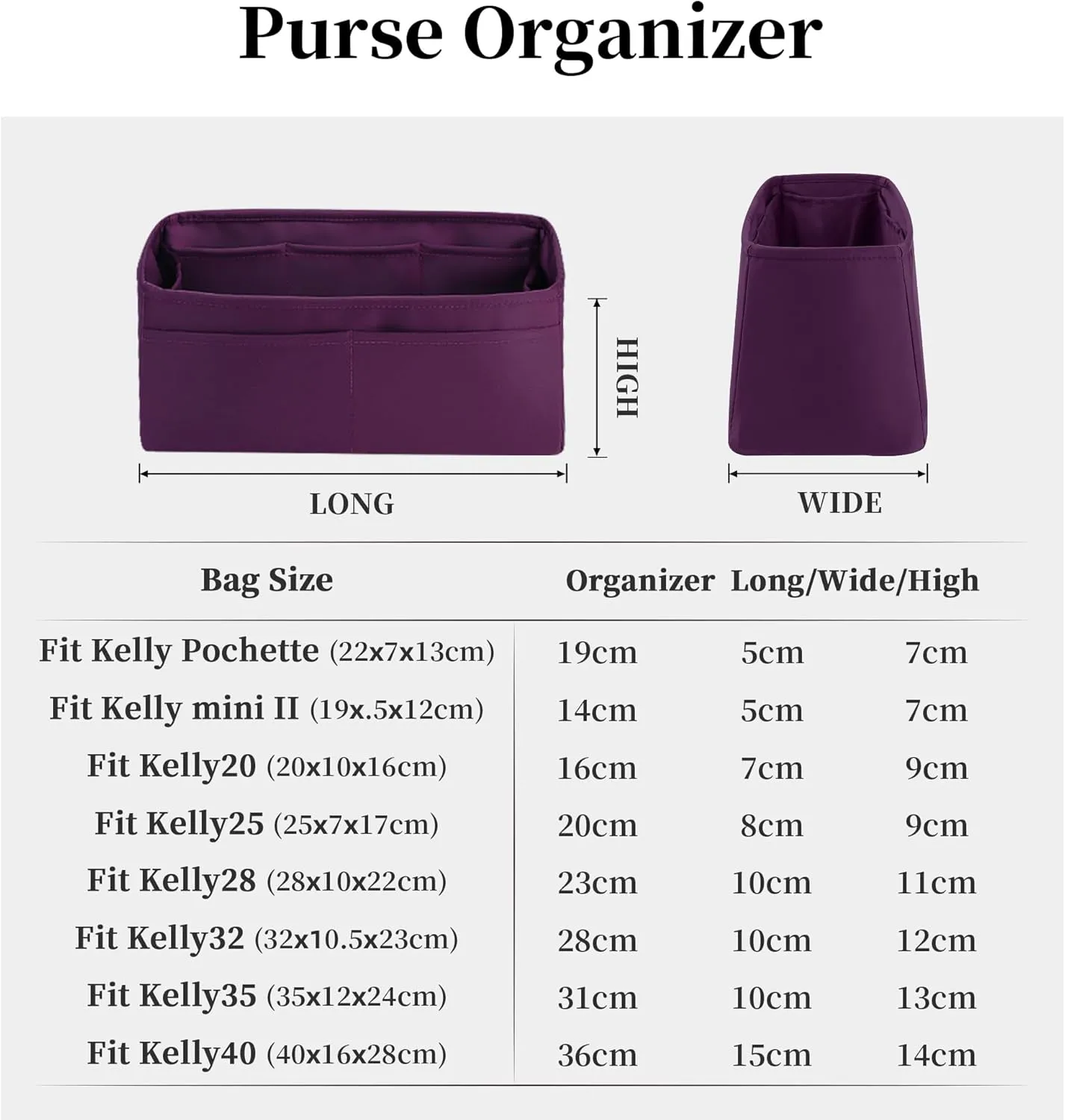 Silky Bag Insert for Kelly 25, Purse Organizer Compatible with Hermes Kelly, Lightweight Luxury Bag Shaper with Multiple Pockets for Daily Use (Anemone, KE 25)