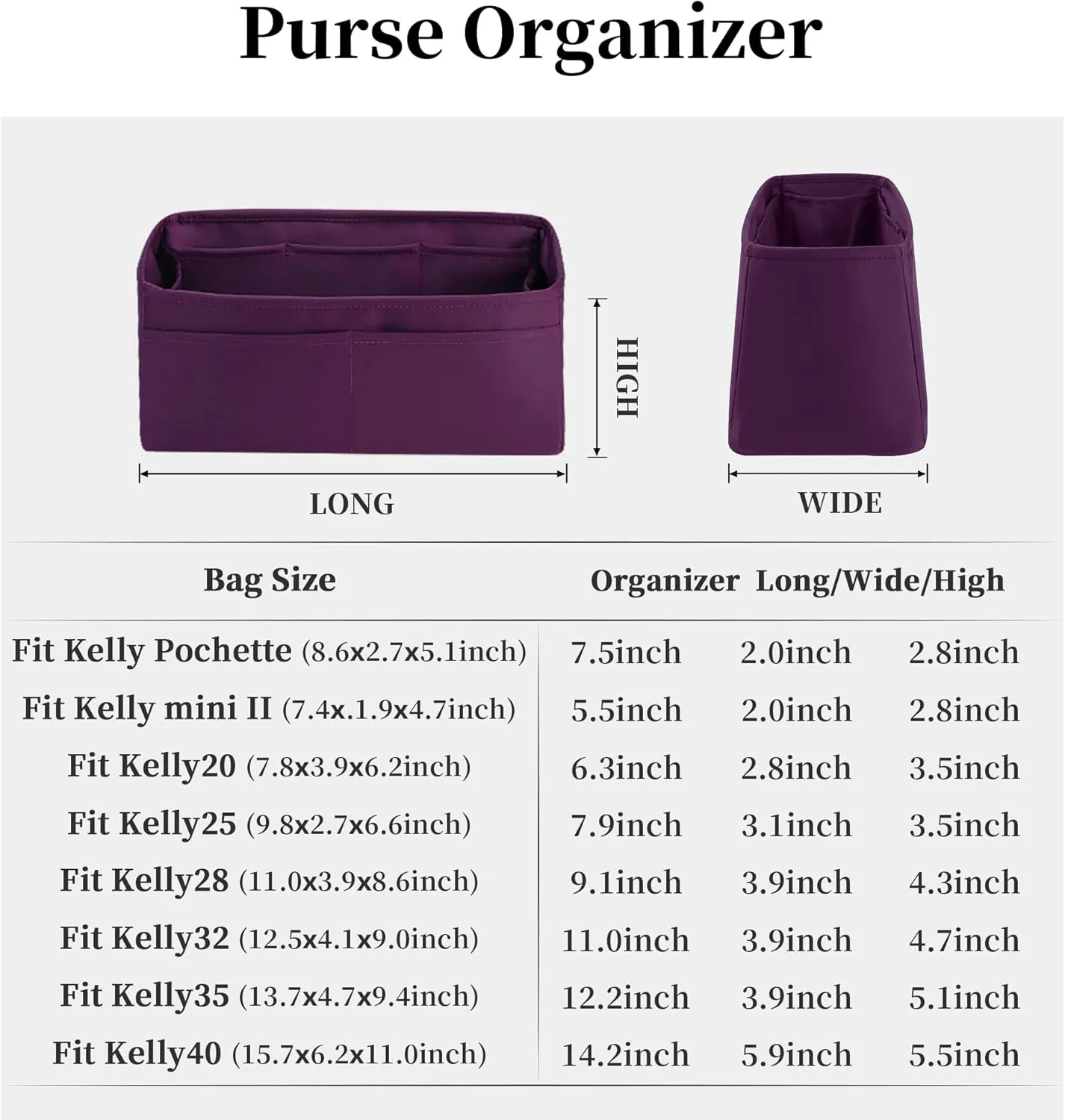 Silky Bag Insert for Kelly 25, Purse Organizer Compatible with Hermes Kelly, Lightweight Luxury Bag Shaper with Multiple Pockets for Daily Use (Anemone, KE 25)