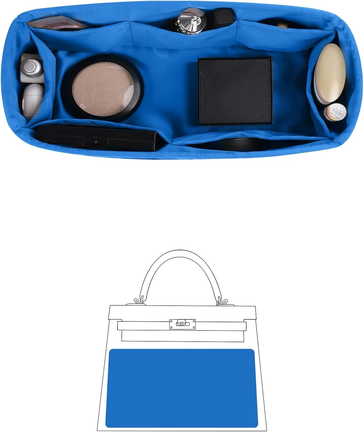 Silky Bag Insert for Kelly 25, Purse Organizer Compatible with Hermes Kelly, Lightweight Luxury Bag Shaper with Multiple Pockets for Daily Use (Blue hydra, KE 25)