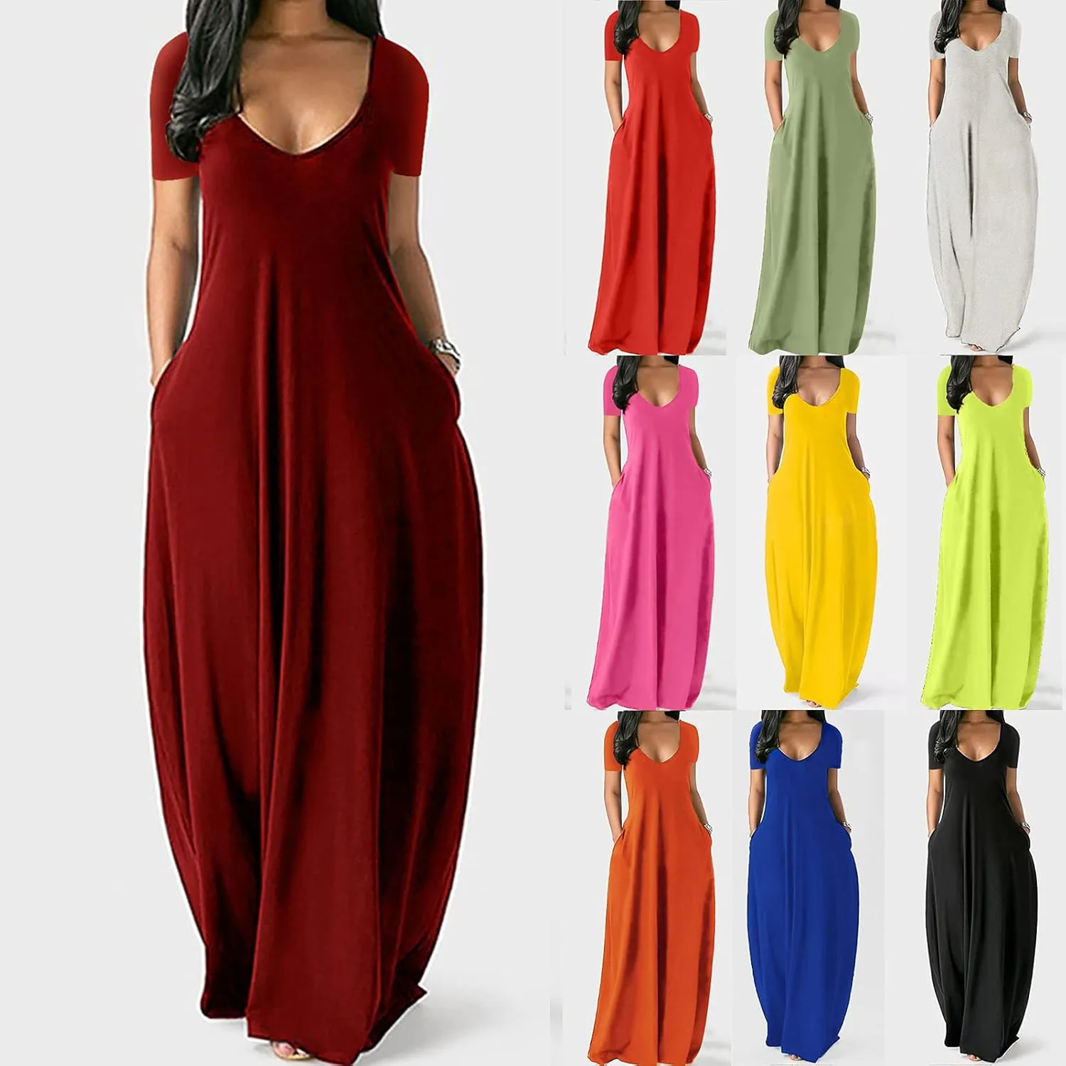 Sleeveless Dress, Deep V Neck Loose fit Gown, Plain Colored Long Maxi Dress, Casual Style Dresses for Women