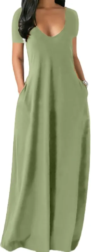 Sleeveless Dress, Deep V Neck Loose fit Gown, Plain Colored Long Maxi Dress, Casual Style Dresses for Women
