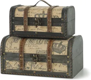SLPR Decorative Vintage Storage Box - Set of 2, Antique Suitcases with Handle and Hinged Lids for Home Décor and Storage, Retro Wooden Travel Chest Trunk with Paris Style