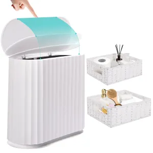 Small Bathroom Trash Can with Press Type Lid, 2Pcs Wicker Storage Baskets,Slim White Garbage Can,Slim Plastic Narrow Trash Bin 2.6 Gallon Garbage Bin for Office, Bedroom