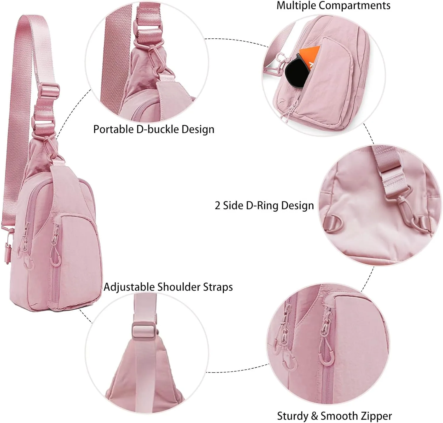 Small Sling Bag for Women Crossbody Bag with Adjustable Straps Lightweight Small Nylon Chest Bag for Casual Travel Walking Pink