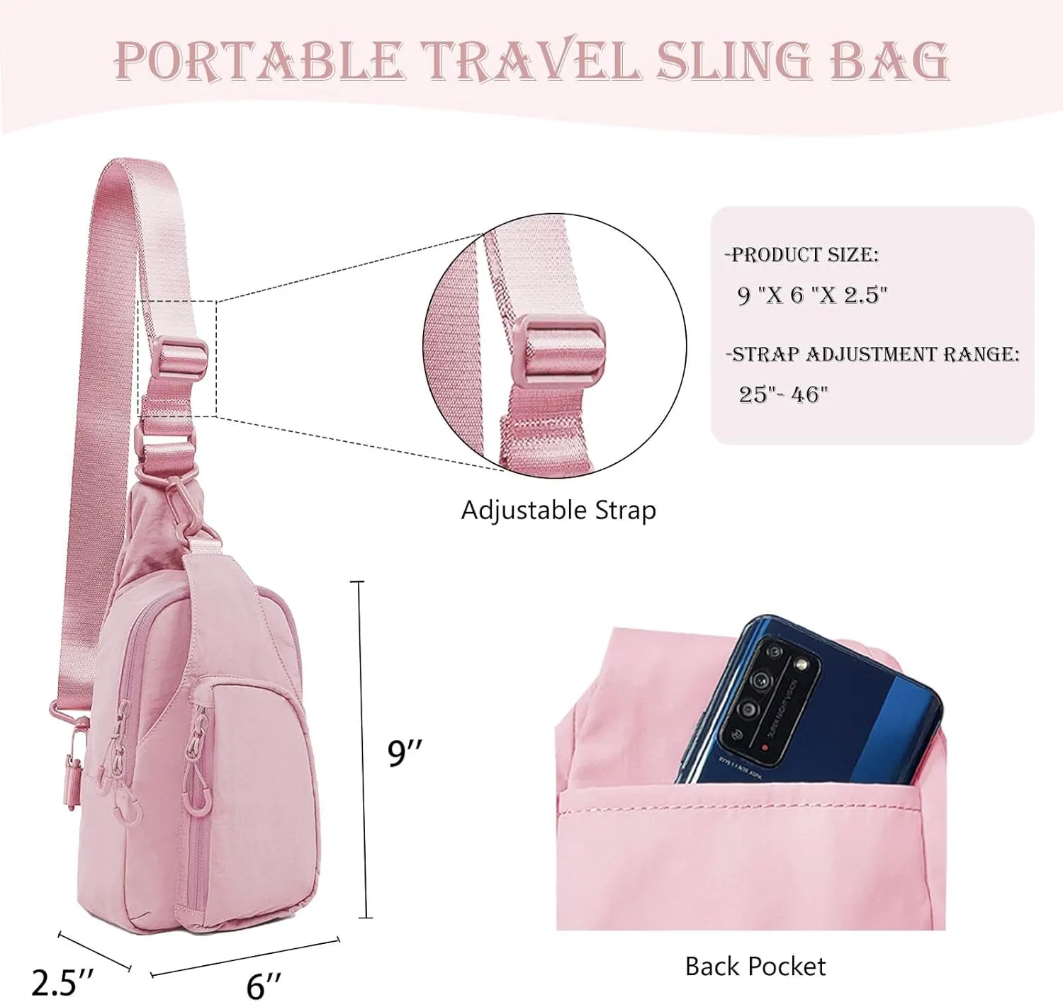 Small Sling Bag for Women Crossbody Bag with Adjustable Straps Lightweight Small Nylon Chest Bag for Casual Travel Walking Pink
