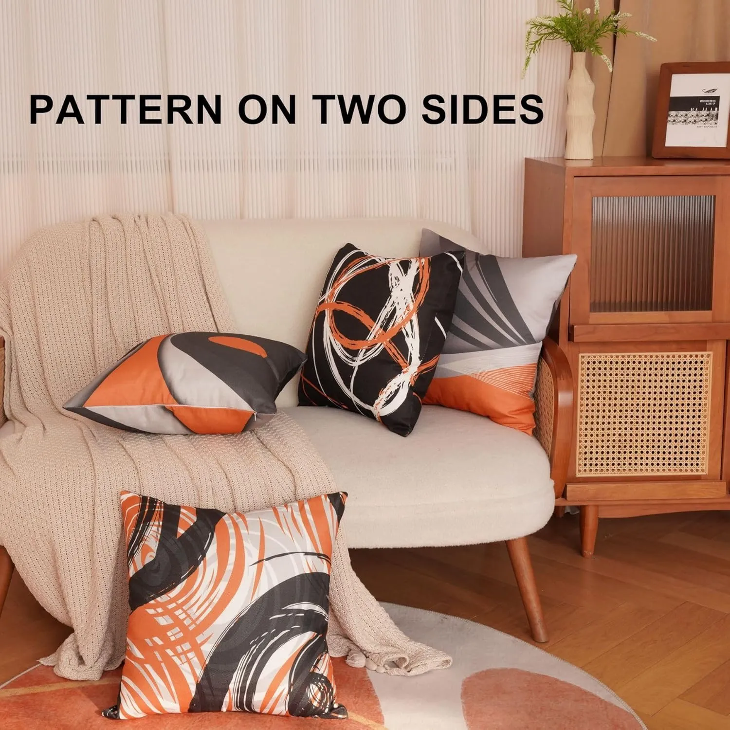 Sofa Pillow Covers 18x18 Set of 4, Modern Outdoor Black Orange Abstract Stripes Grey White Geometric Velvet Decorative Pillows Case for Couch Living Room Playroom Bedroom Home Hidden Zipper