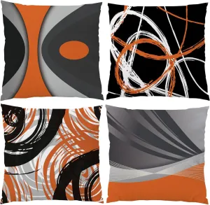 Sofa Pillow Covers 18x18 Set of 4, Modern Outdoor Black Orange Abstract Stripes Grey White Geometric Velvet Decorative Pillows Case for Couch Living Room Playroom Bedroom Home Hidden Zipper