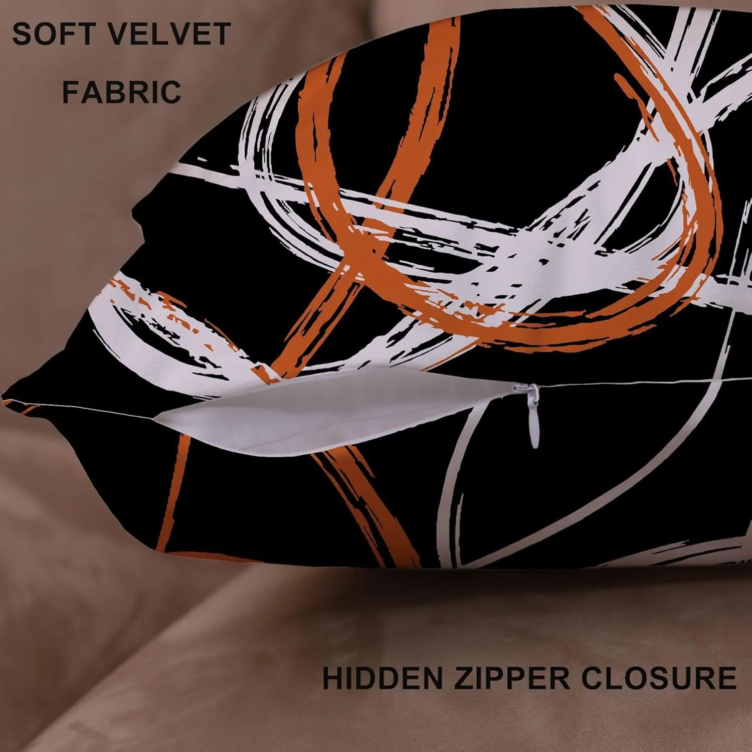Sofa Pillow Covers 18x18 Set of 4, Modern Outdoor Black Orange Abstract Stripes Grey White Geometric Velvet Decorative Pillows Case for Couch Living Room Playroom Bedroom Home Hidden Zipper
