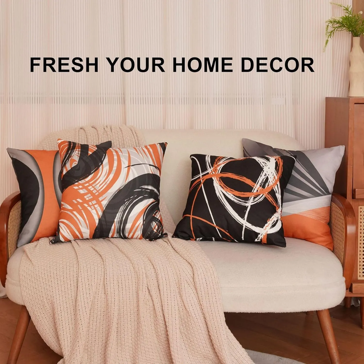 Sofa Pillow Covers 18x18 Set of 4, Modern Outdoor Black Orange Abstract Stripes Grey White Geometric Velvet Decorative Pillows Case for Couch Living Room Playroom Bedroom Home Hidden Zipper
