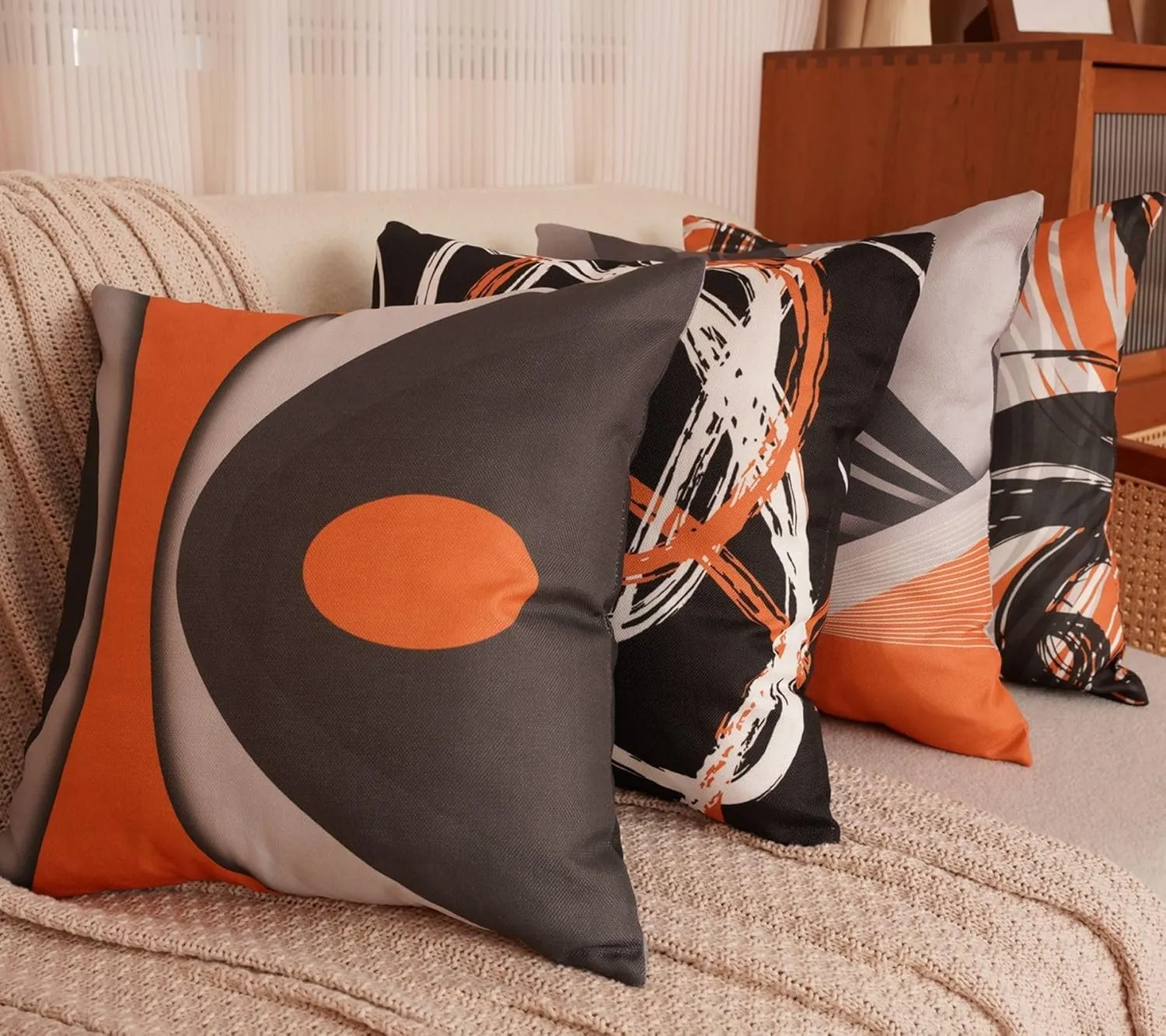 Sofa Pillow Covers 18x18 Set of 4, Modern Outdoor Black Orange Abstract Stripes Grey White Geometric Velvet Decorative Pillows Case for Couch Living Room Playroom Bedroom Home Hidden Zipper