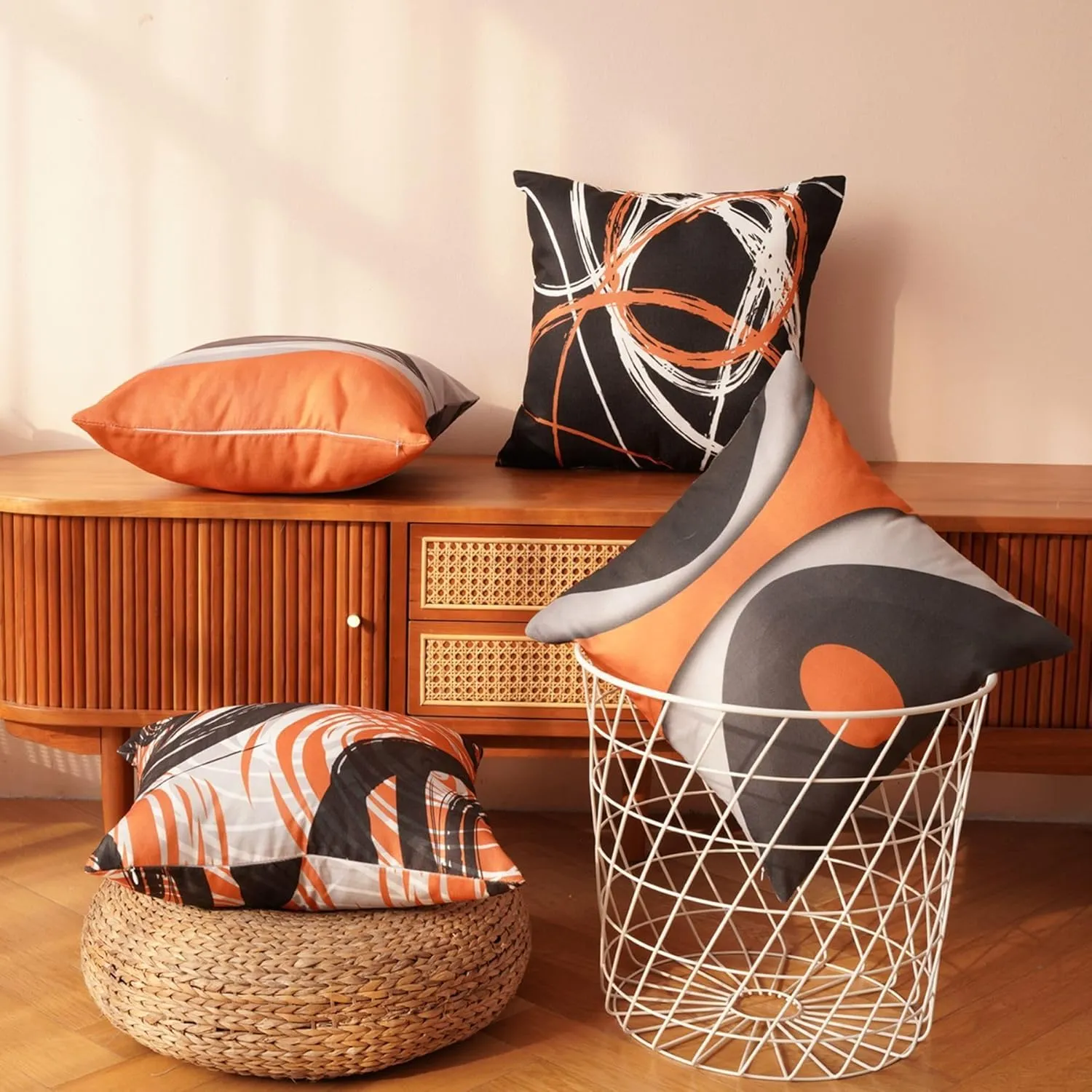 Sofa Pillow Covers 18x18 Set of 4, Modern Outdoor Black Orange Abstract Stripes Grey White Geometric Velvet Decorative Pillows Case for Couch Living Room Playroom Bedroom Home Hidden Zipper