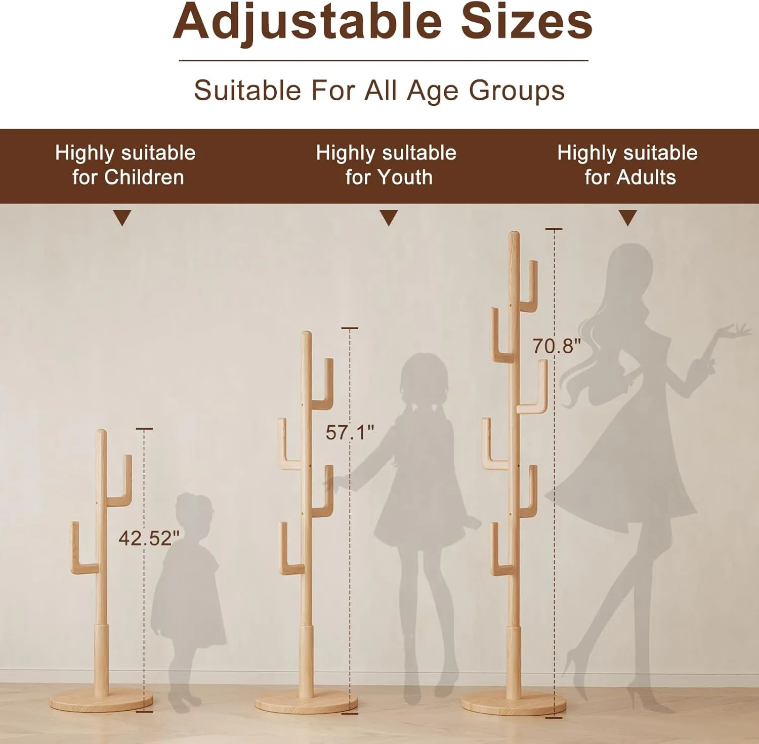 Solid Wood Cactus Coat Rack, Freestanding Coat Rack With 6 L-Shaped Hooks and 3 Adjustable Sizes, Coat Tree for Bedroom, Entryway, Livingroom, Coat Hanger Stand for Coats, Handbags (Natural)