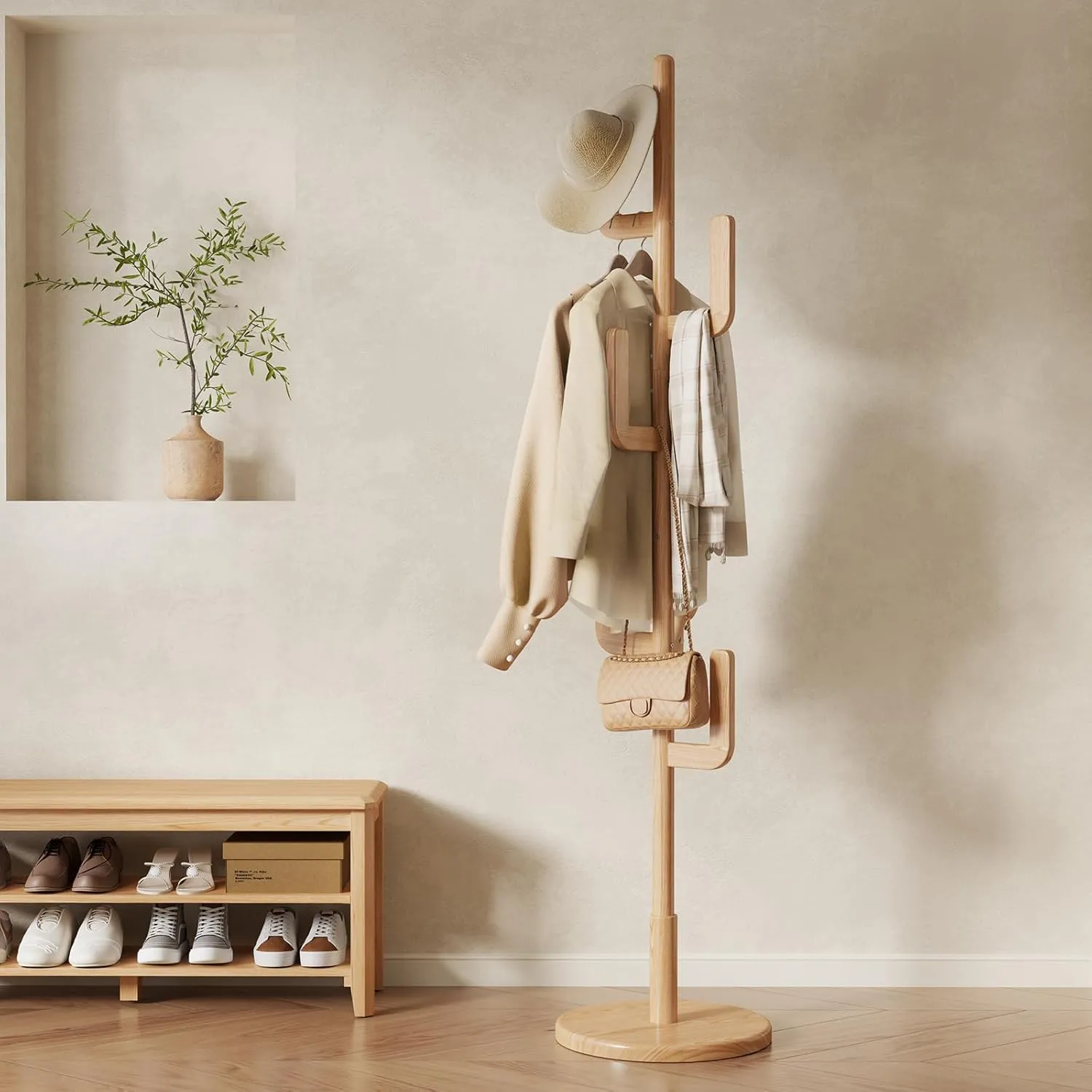Solid Wood Cactus Coat Rack, Freestanding Coat Rack With 6 L-Shaped Hooks and 3 Adjustable Sizes, Coat Tree for Bedroom, Entryway, Livingroom, Coat Hanger Stand for Coats, Handbags (Natural)