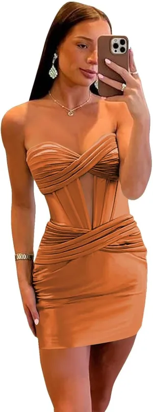 SOLODISH Short Homecoming Dresses for Teens Strapless Pleated Satin Prom Party Gown