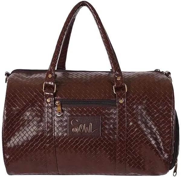 SOWL PU Leather Stylish Cabin Size Duffle Bag – Airline Friendly, Textured Design for Men and Women (Brown)