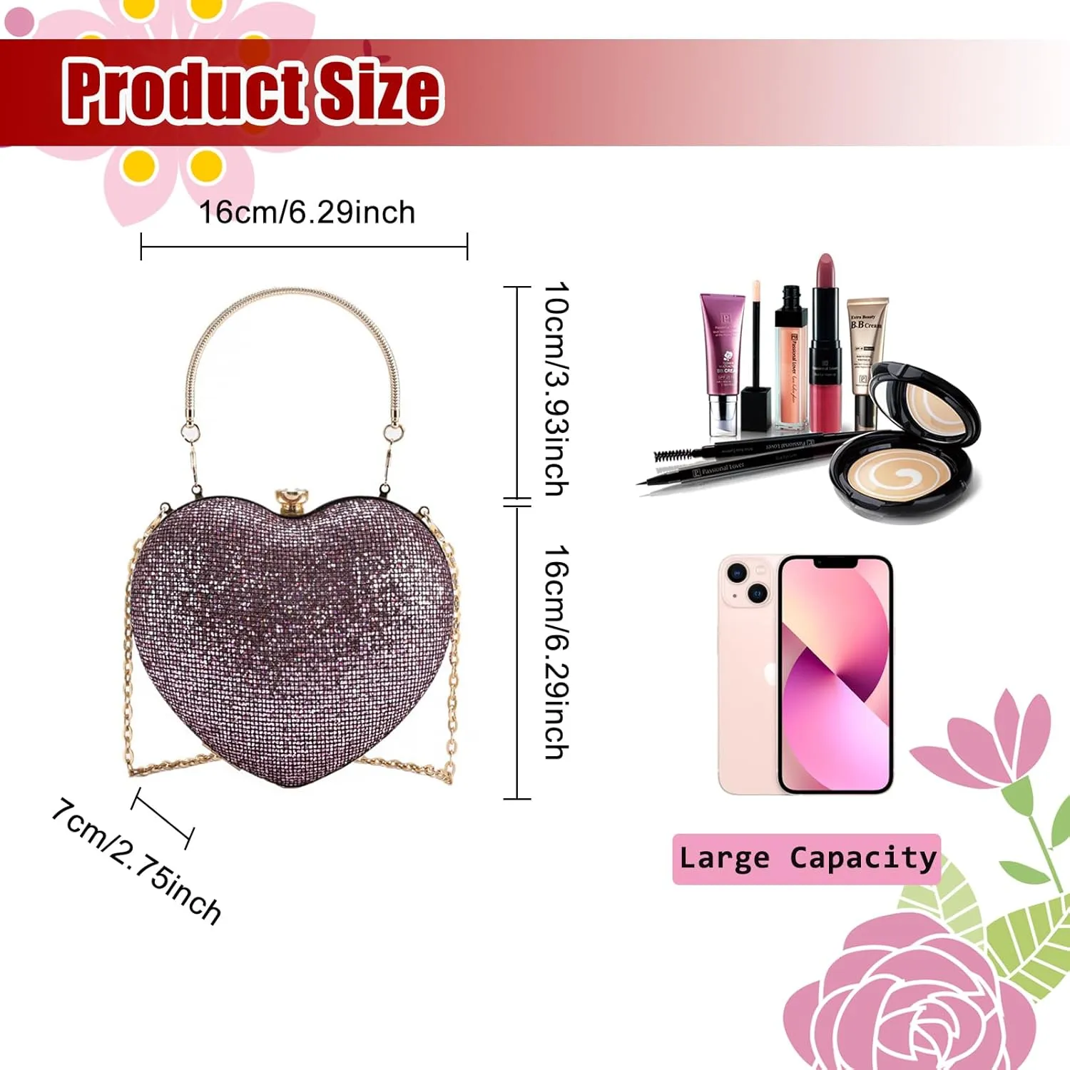 Sparkly Clutch Purses for Women Formal Clutch, Heart Shape Evening Bag, Purse Handbag for Wedding Cocktail Party