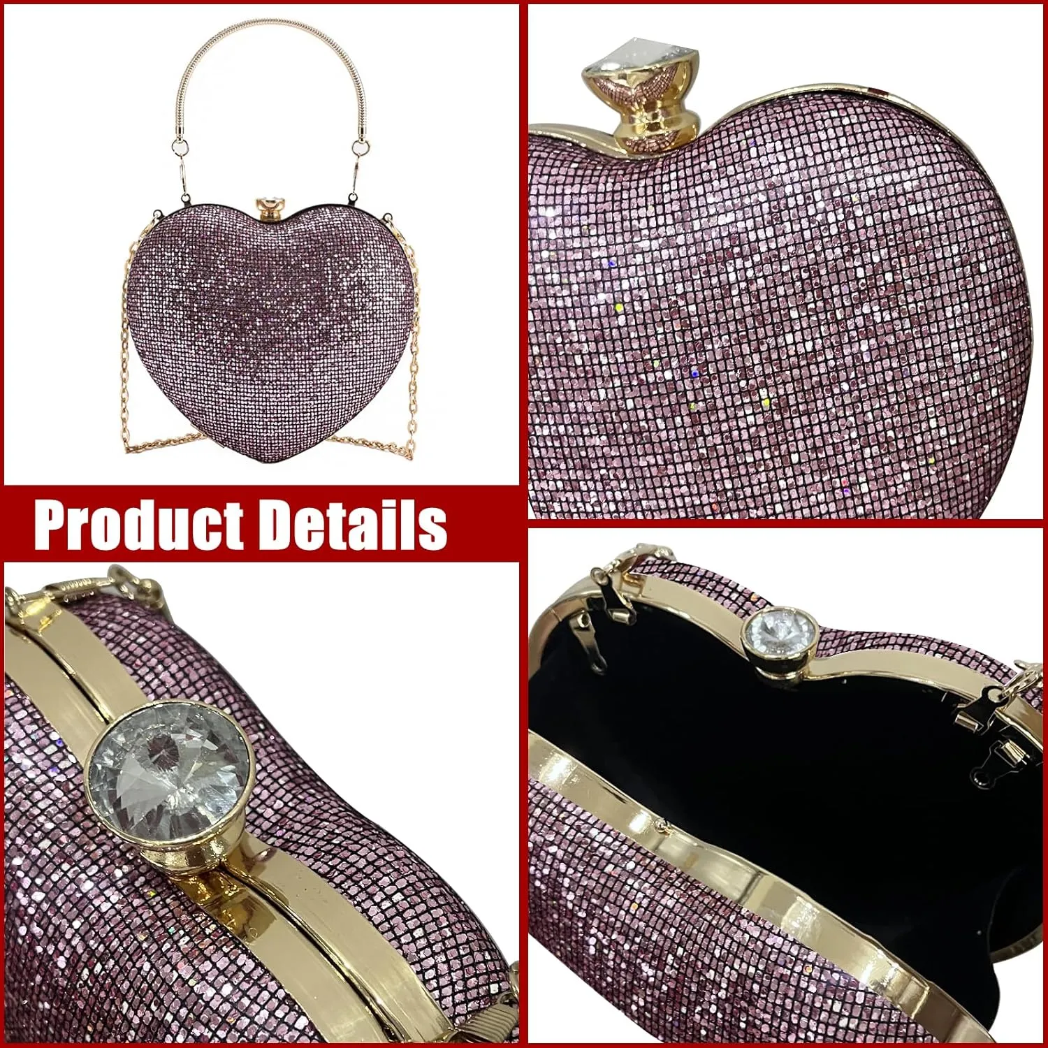 Sparkly Clutch Purses for Women Formal Clutch, Heart Shape Evening Bag, Purse Handbag for Wedding Cocktail Party