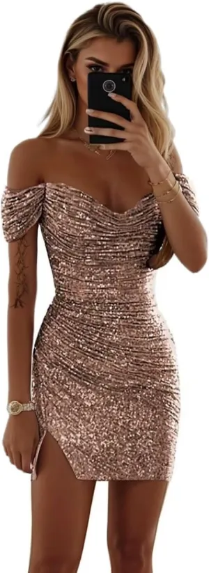 Sparkly Homecoming Dresses for Teens 2024 Short Off The Shoulder Party Prom Dress Tight Cocktail Gowns with Slit