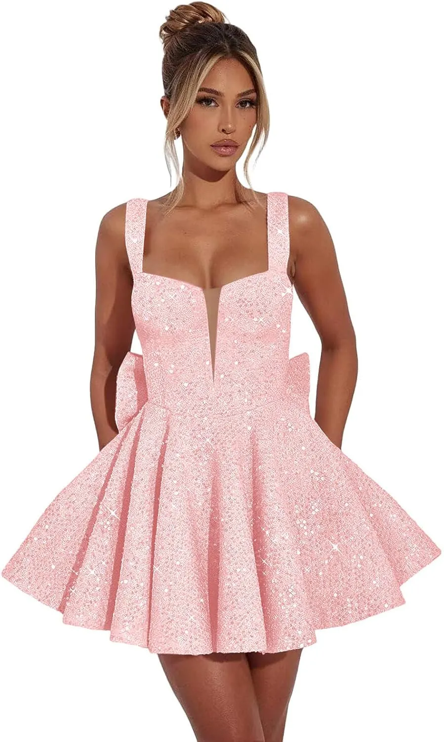 Sparkly Sequin Homecoming Dresses 2025 Short Spaghetti Straps V Neck Cocktail Party Gowns with Bow