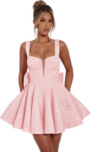Sparkly Sequin Homecoming Dresses 2025 Short Spaghetti Straps V Neck Cocktail Party Gowns with Bow