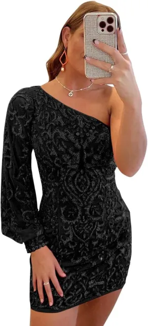 Sparkly Sequin Lace Homecoming Dresses for Teens Puffy Sleeve One Shoulder Mini Prom Cocktail Gown