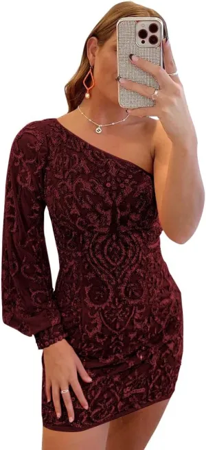 Sparkly Sequin Lace Homecoming Dresses for Teens Puffy Sleeve One Shoulder Mini Prom Cocktail Gown