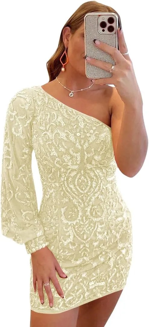 Sparkly Sequin Lace Homecoming Dresses for Teens Puffy Sleeve One Shoulder Mini Prom Cocktail Gown