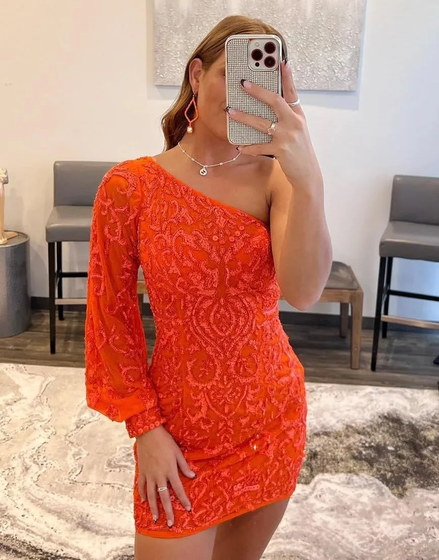 Sparkly Sequin Lace Homecoming Dresses for Teens Puffy Sleeve One Shoulder Mini Prom Cocktail Gown