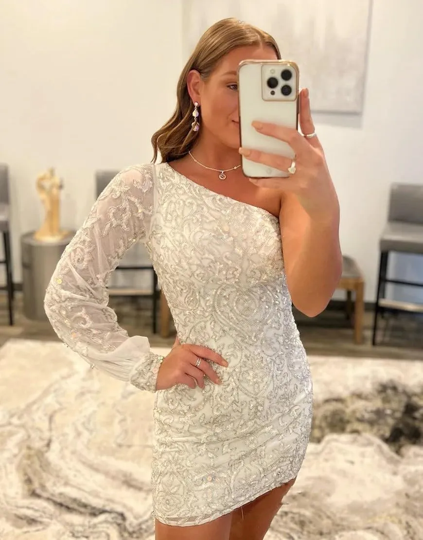 Sparkly Sequin Lace Homecoming Dresses for Teens Puffy Sleeve One Shoulder Mini Prom Cocktail Gown