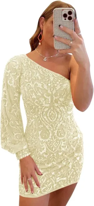 Sparkly Sequin Lace Homecoming Dresses for Teens Puffy Sleeve One Shoulder Mini Prom Cocktail Gown