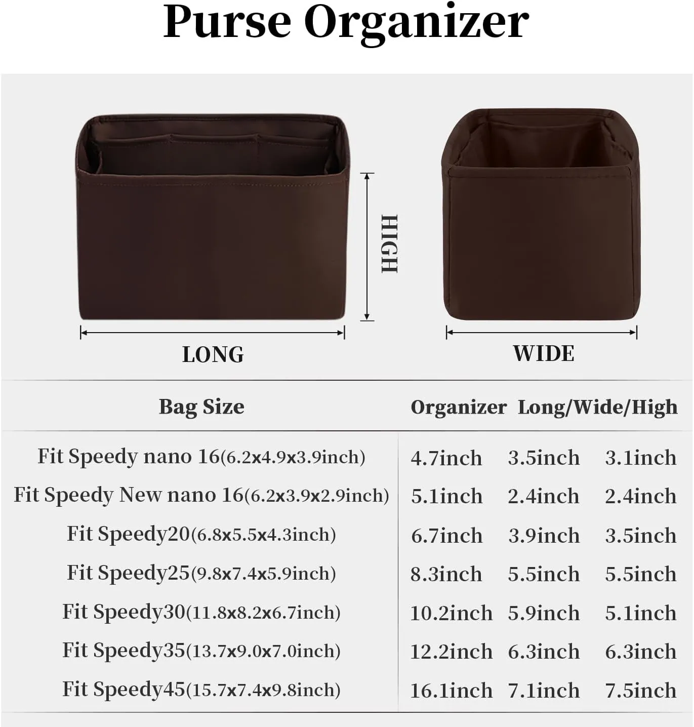 Speedy 20 Insert Bag Organizer, Inner Bag Compatible with LV Bag Speedy, Women's Purse Dividers with Silky Satin (Chocolat, Speedy20)