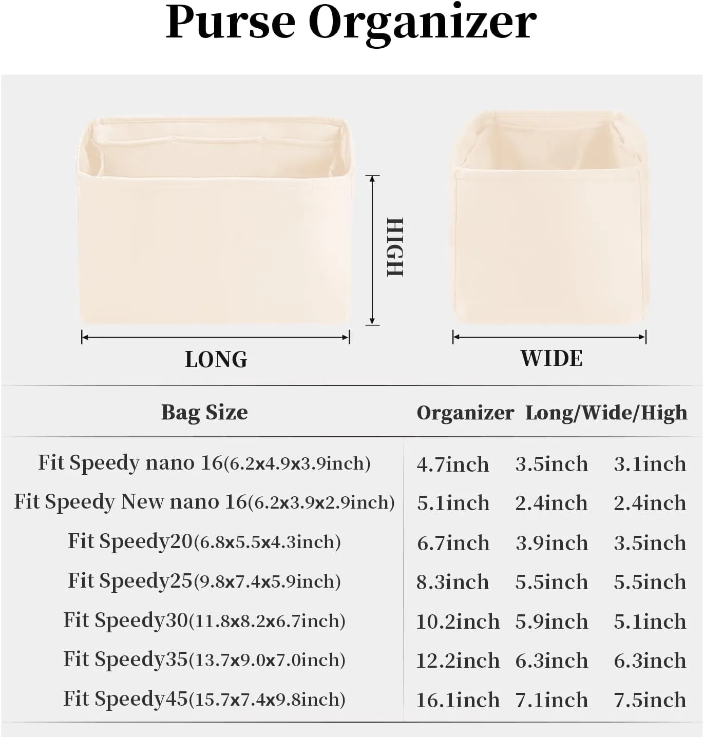 Speedy New Nano16 Insert Bag Organizer, Inner Bag Compatible with LV Bag Speedy, Women's Purse Dividers with Silky Satin (Craie, New Nano16)