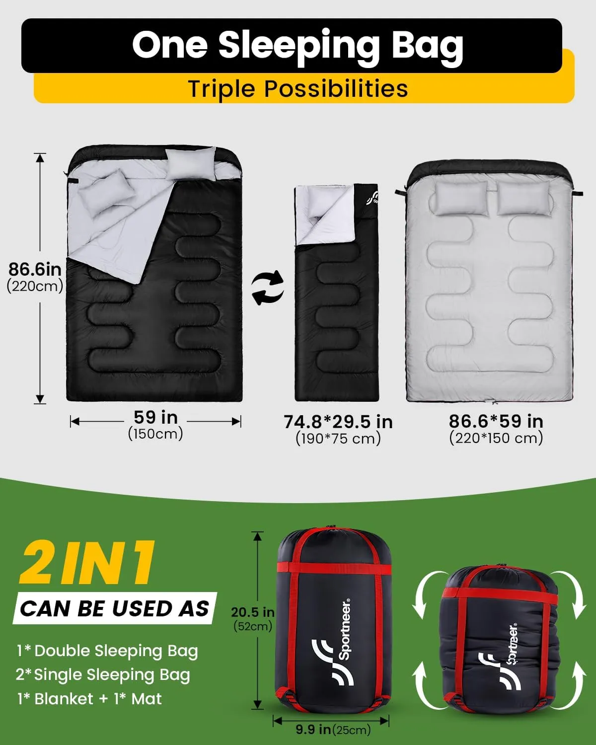 Sportneer Double Sleeping Bag for Adults with 2 Pillows, Queen Size Two Person Sleeping Bag for All Season, 2 Person Sleeping Bags for Cold Weather Camping Hiking Backpacking
