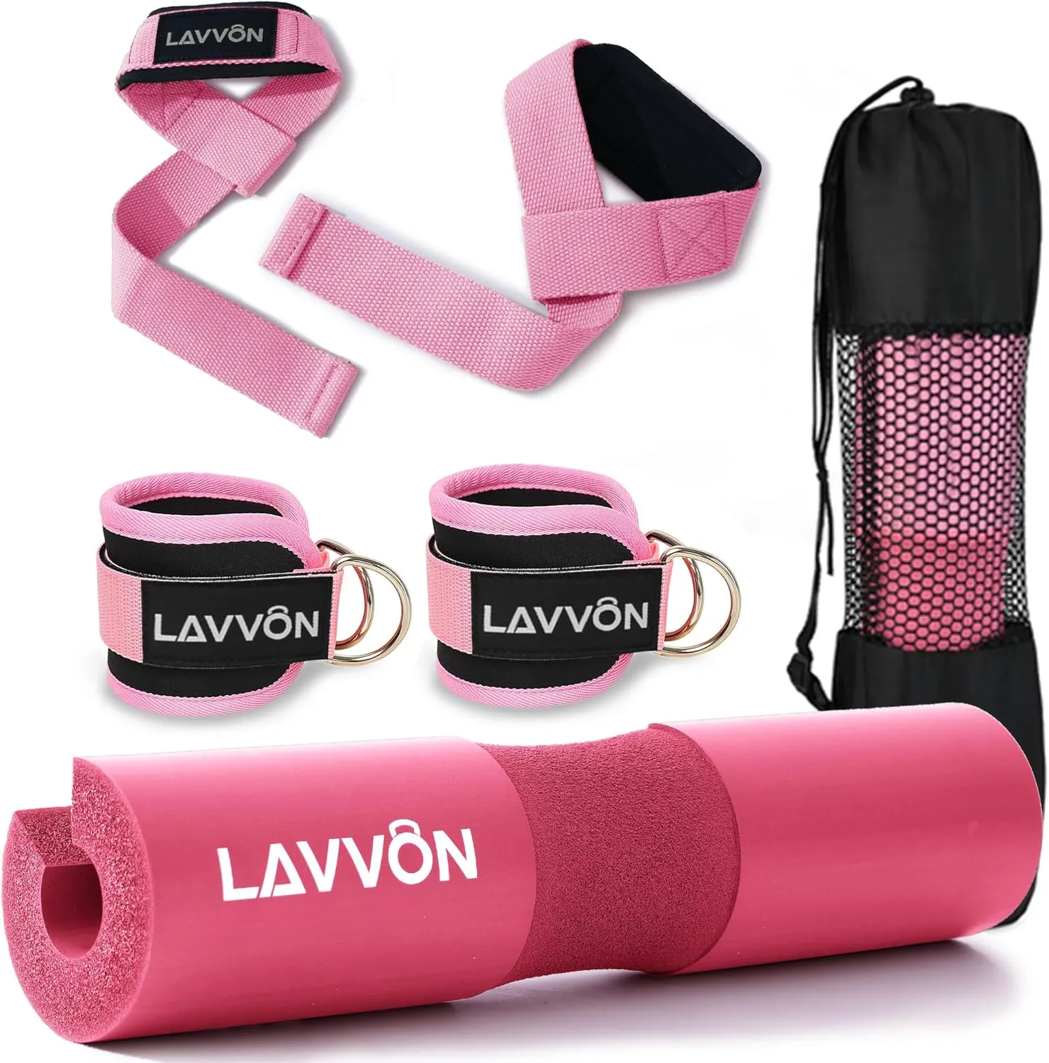 Squat Pad Set - Foam Barbell Pad for Squats Cushion, Lunges & Bar Padding for Hip Thrusts - Standard Olympic Weight Bar Pad - With Ankle Straps, Wrist Straps for Weightlifting