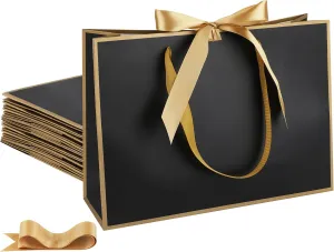 STOBOCTER 25 Pcs Elegant Paper Gift Bags with Handles 12.6''x4''x9.1'' Thank You 5 Senses Gift Bags with Bow Ribbon Gift Wrap Bags for Wedding Bridal Shower Birthday Holiday Party Gifts(Black, Gold)